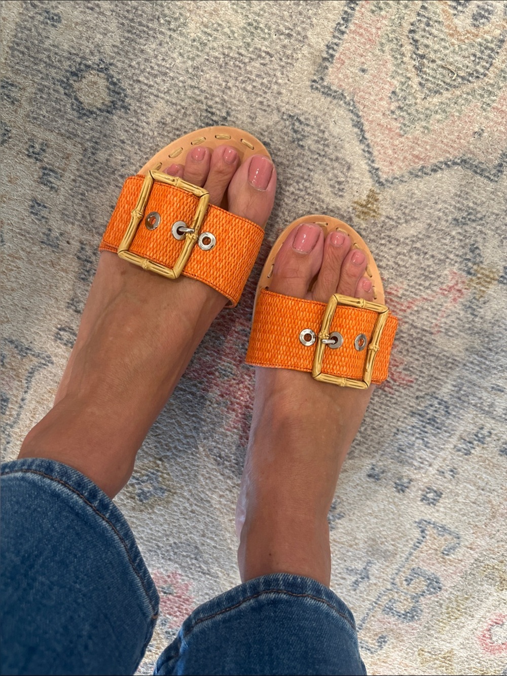 Dolce Vita Orange Woven Slide Sandals with Bamboo-Style Tan Buckle